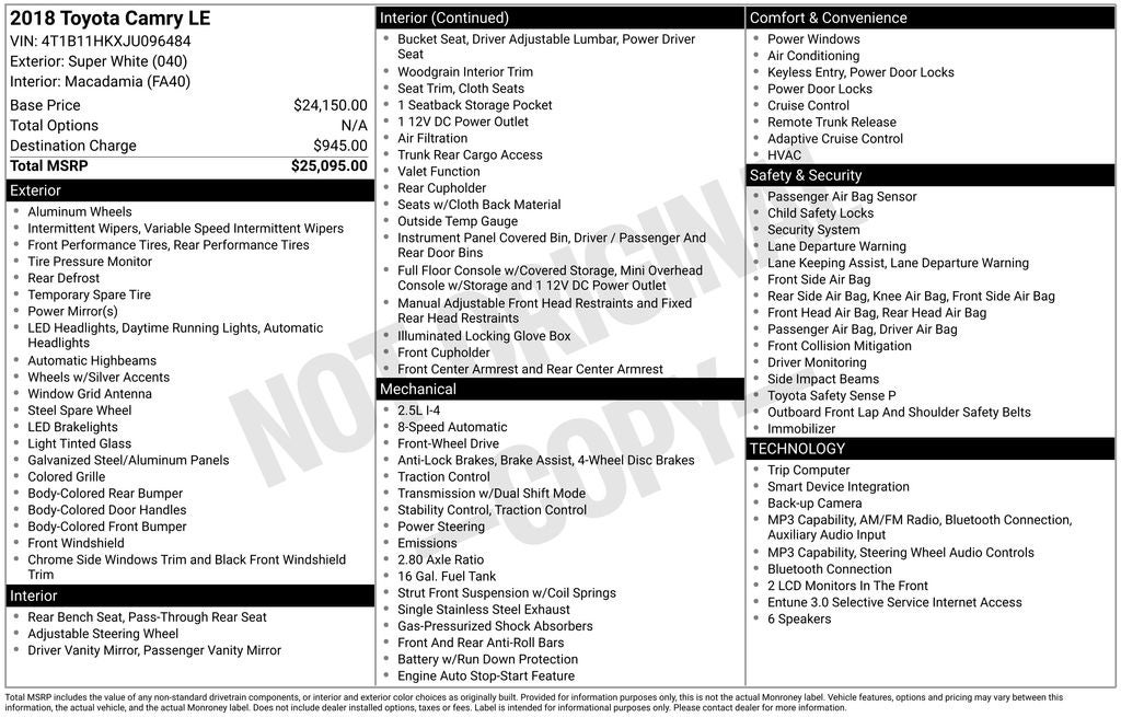 2018 Toyota CAMRY LE