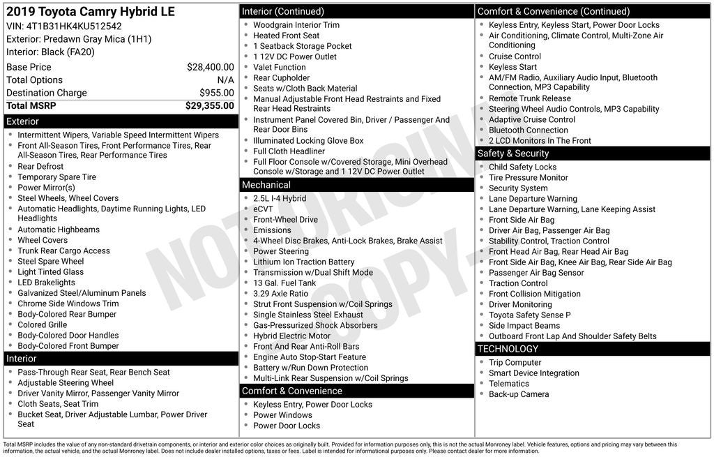 2019 Toyota Camry Hybrid LE
