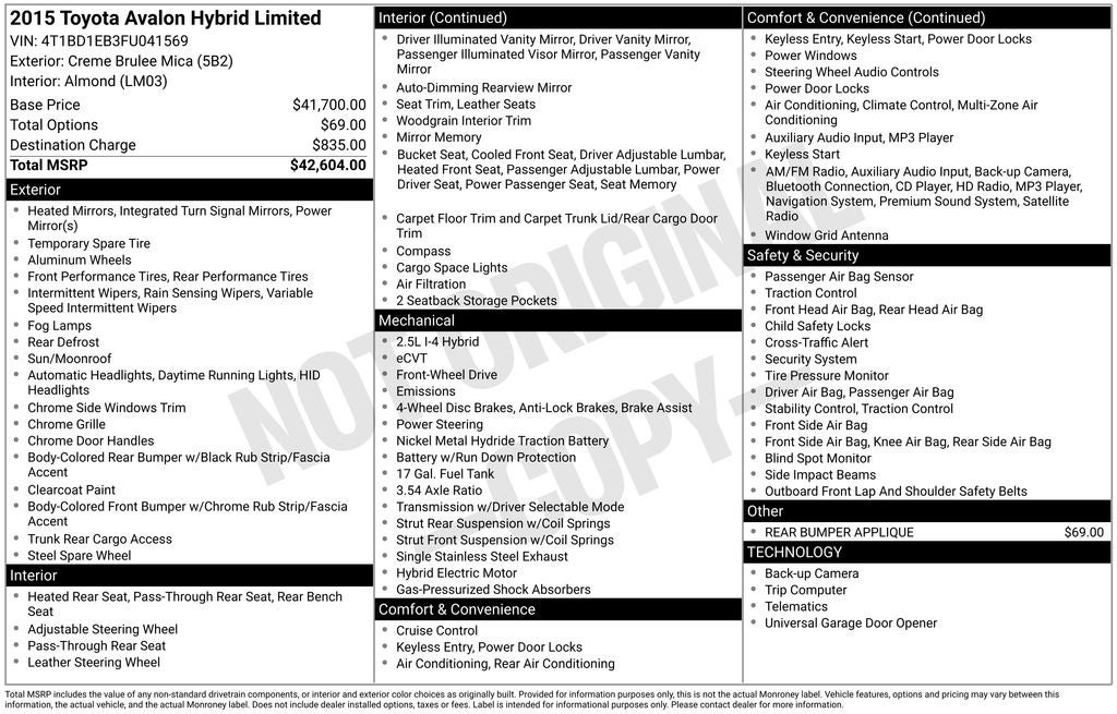 2015 Toyota AVALON HYBRID Limited