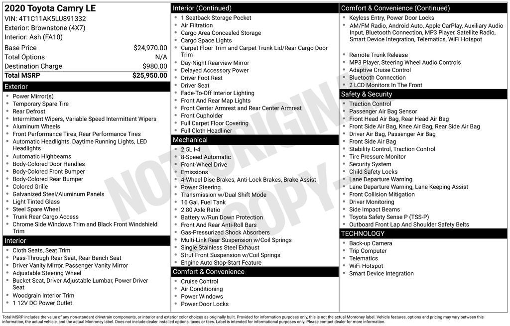 2020 Toyota CAMRY LE