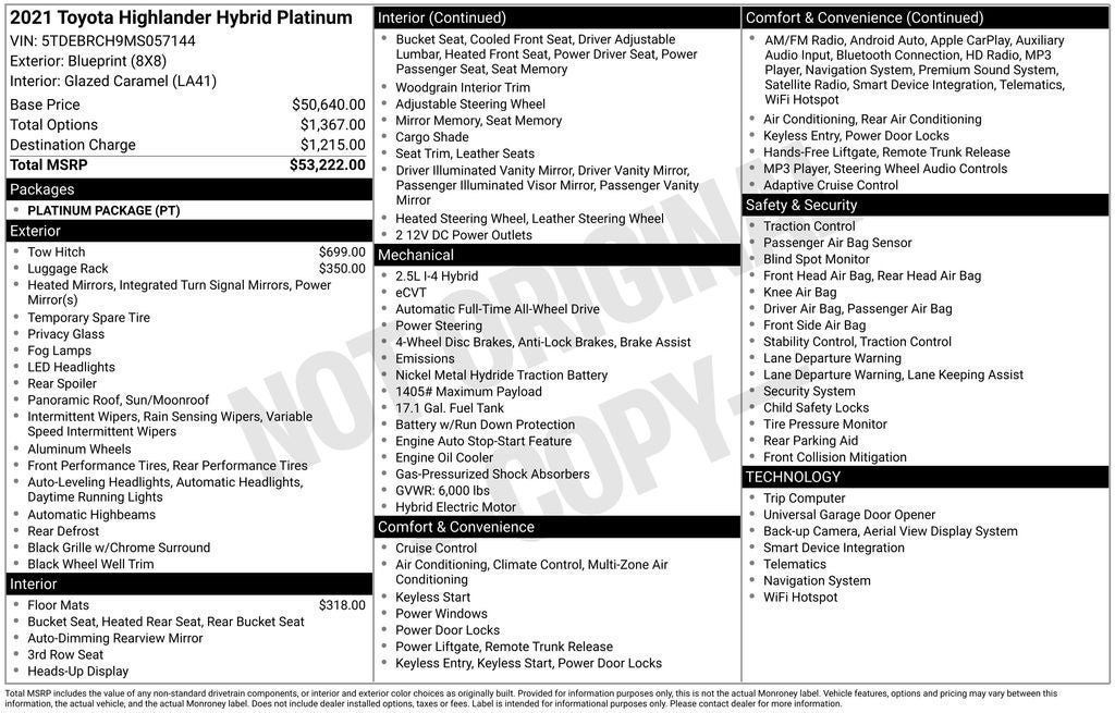 2021 Toyota HIGHLANDER HYBRD Platinum