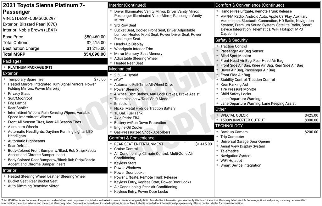 2021 Toyota Sienna Platinum 7 Passenger