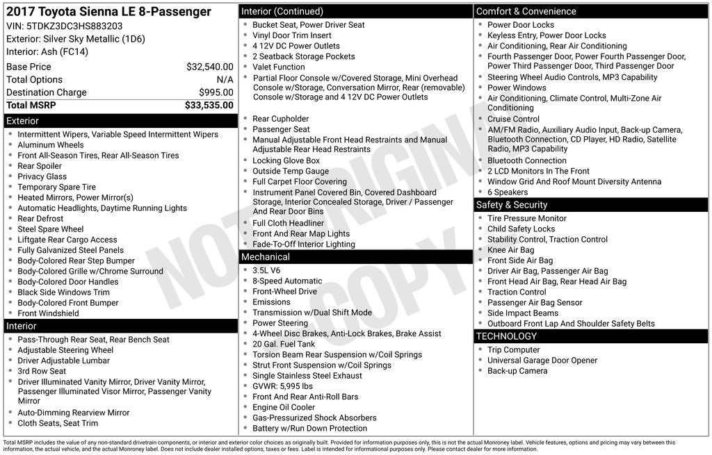 2017 Toyota Sienna LE 8 Passenger