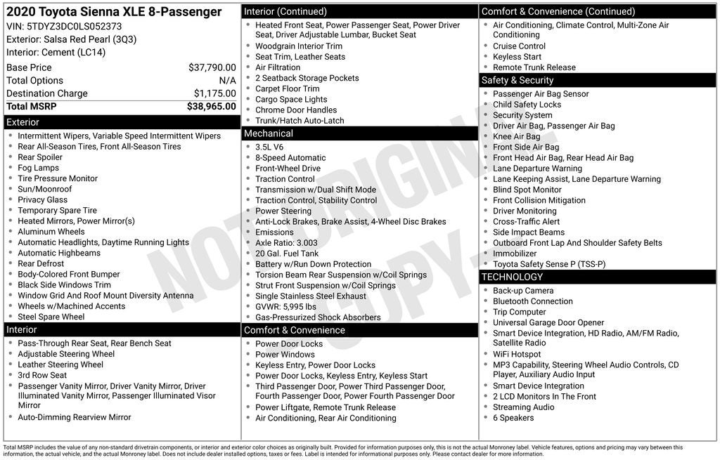 2020 Toyota SIENNA XLE 3.5L XLE