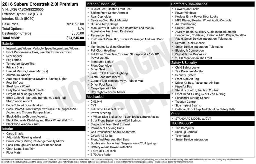 2016 Subaru Crosstrek 2.0i Premium
