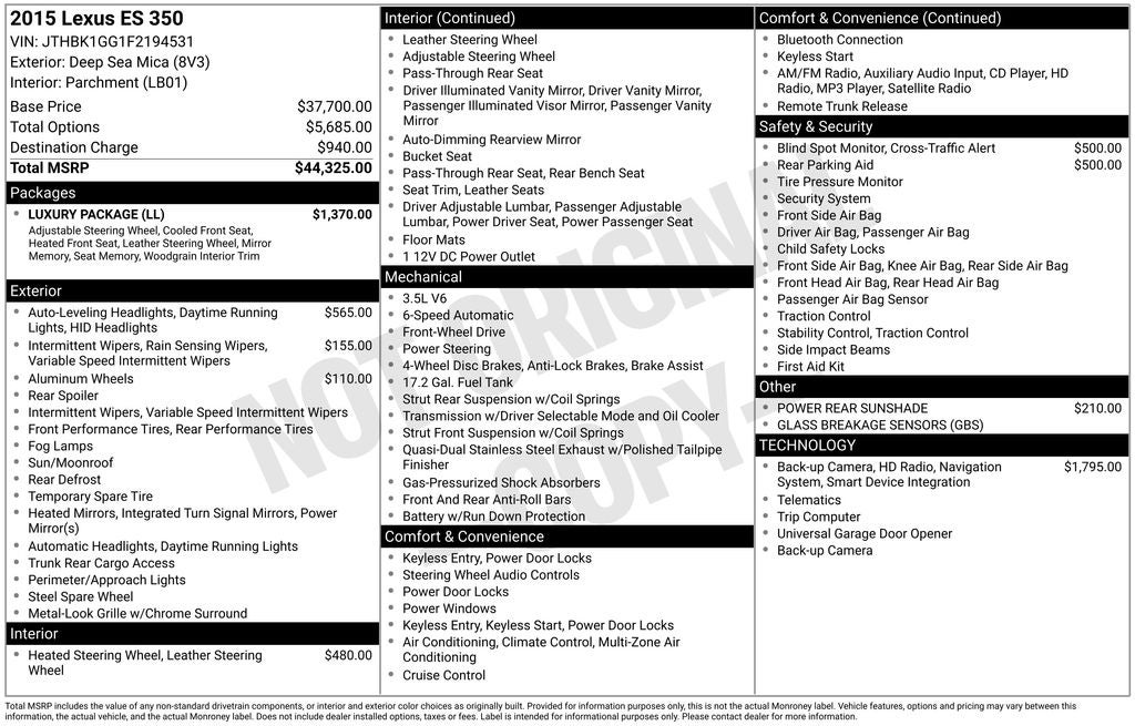 2015 Lexus ES 350 350