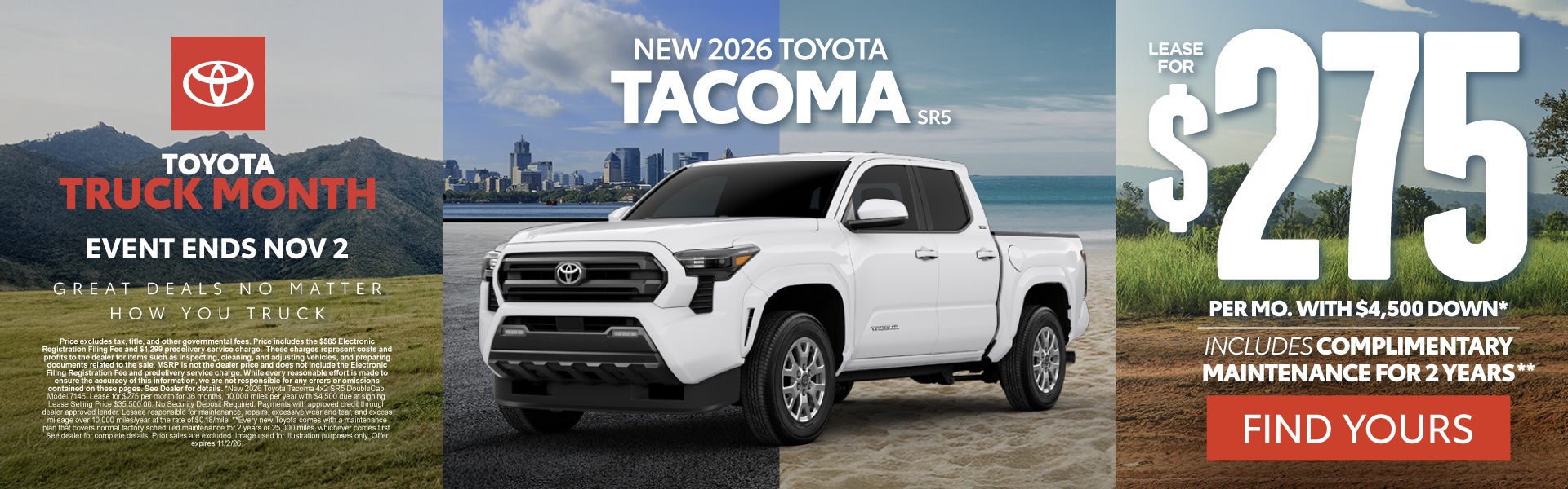 2026 Toyota Tacoma SR5 Lease for $275 Per month with $4,500 