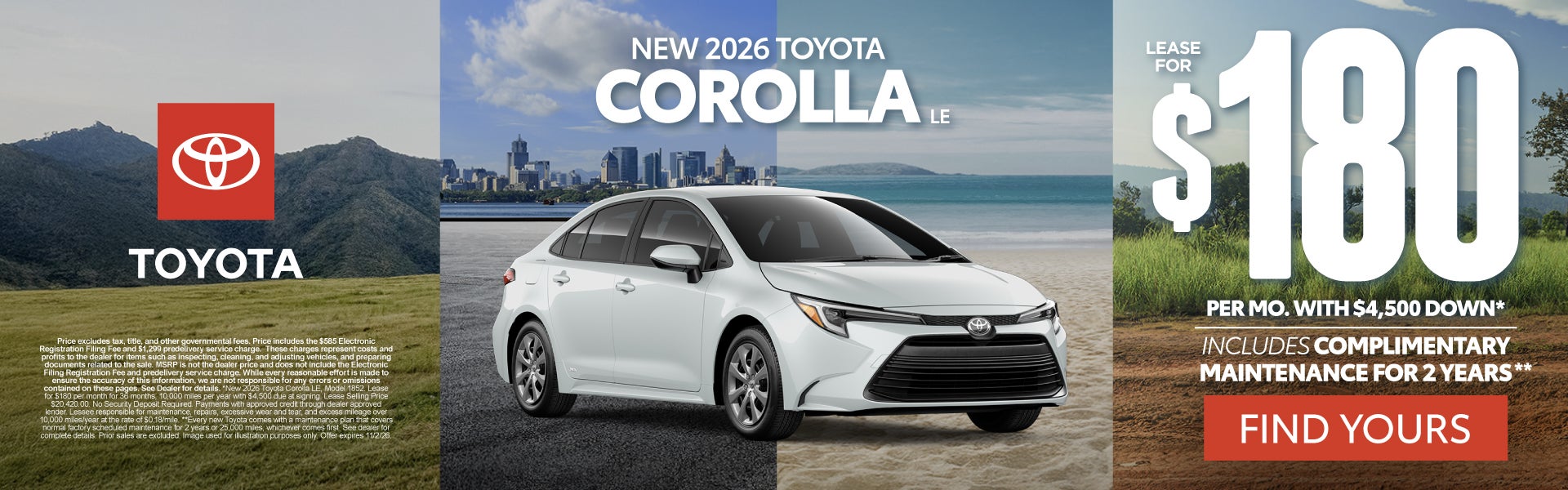 2026 Toyota Corolla LE Lease for $180 Per month with $4,500 
