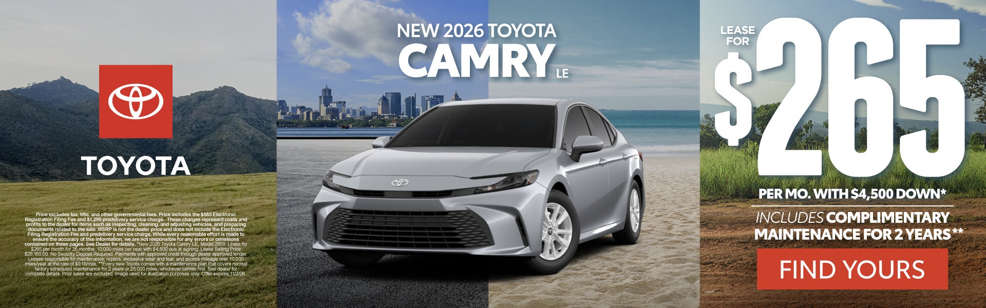 2026 Toyota Camry LE Lease for $265 Per month with $4,500 do