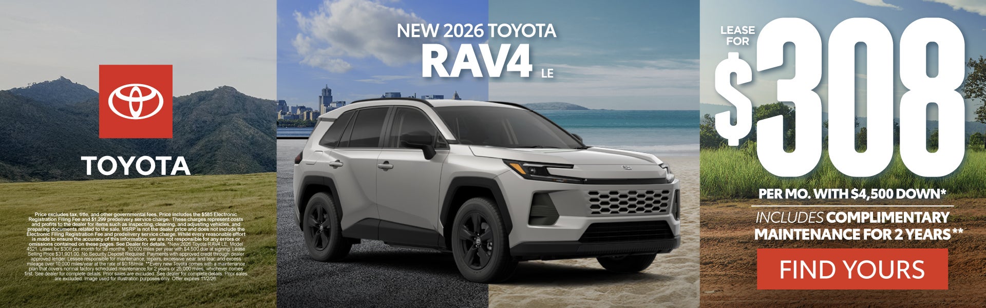 2026 Toyota Rav4 LE Lease for $308 Per month with $4,500 dow
