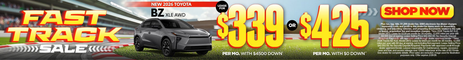 2026 Toyota BZ XLE AWD	Lease for $339 Per month with $4500 down* – OR - $425 with $0 down**