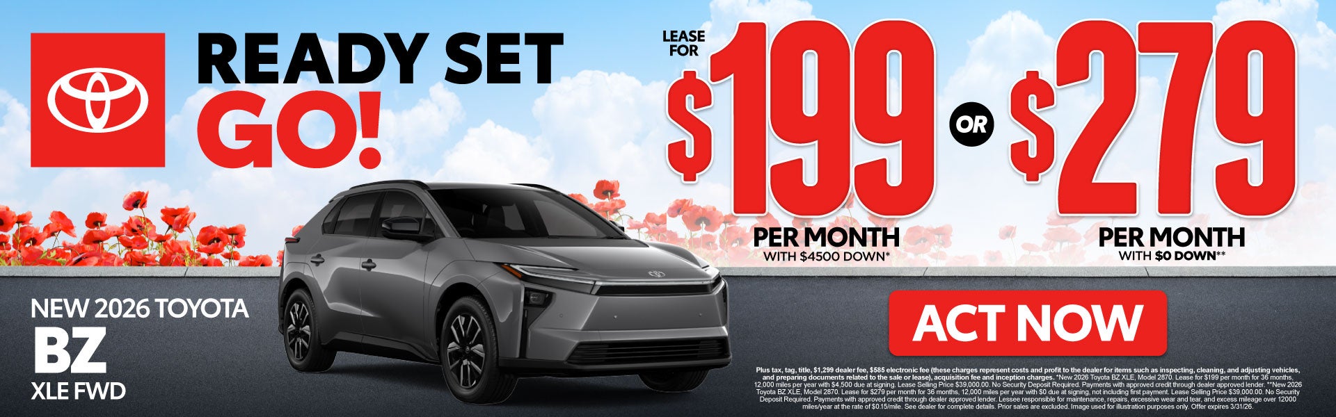 2026 Toyota BZ XLE FWD	Lease for $199 Per month with $4500 d