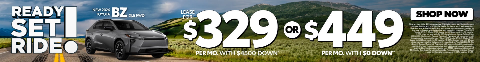 2026 Toyota BZ XLE FWD Lease for $329 Per month with $4500 down* ā OR - $449 with $0 down**