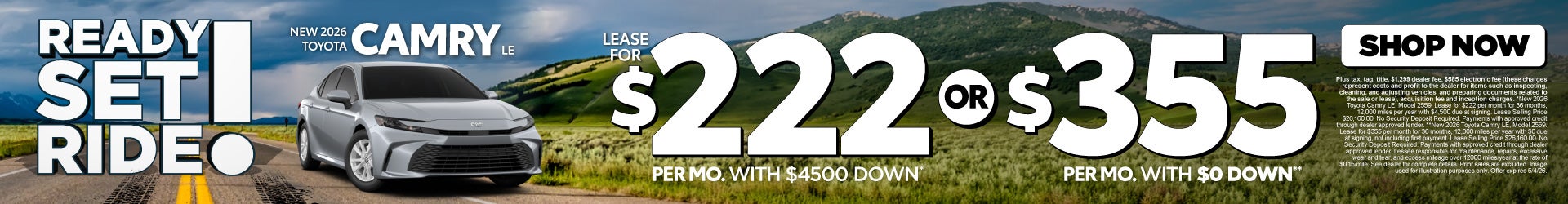 2026 Toyota Camry LE Lease for $222 Per month with $4,500 down* ā OR- $355 with $0 down**