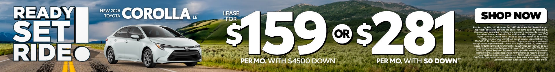 2026 Toyota Corolla LE Lease for $159 Per month with $4,500 down* -OR- $281 with $0 DOWN**