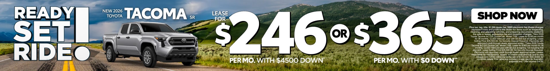 2026 Toyota Tacoma SR Lease for $246 Per month with $4500 down* ā OR $365 with $0 down**